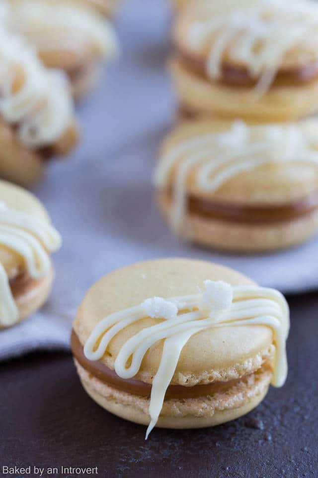 high angled view of a Salted Caramel Ginger Macarons 