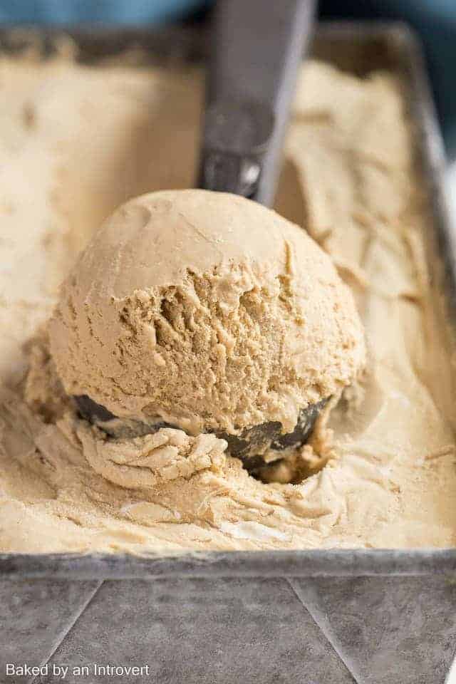 Close up of the best coffee flavored ice cream in an ice cream scoop.