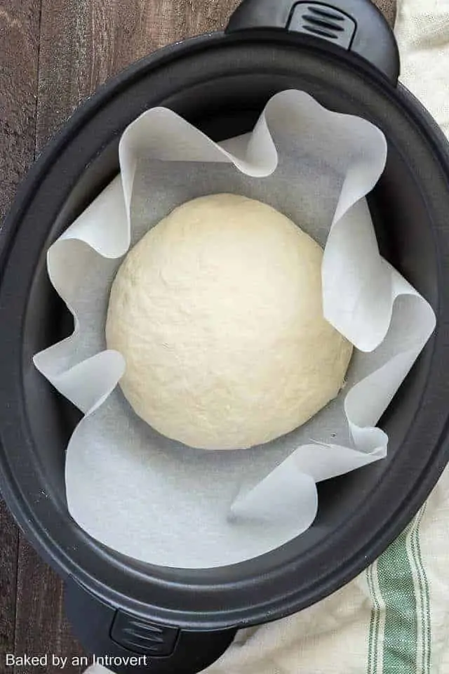 Homemade bread dough in a slow cooker lined with parchment paper.