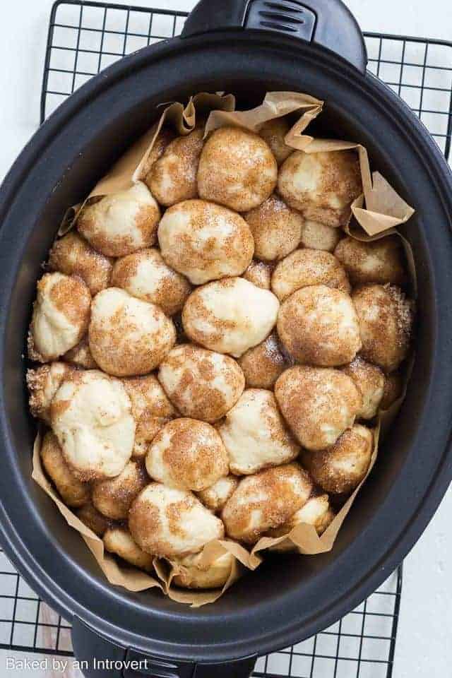 Overhead view of slow cooker monkey bread in a slow cooker.