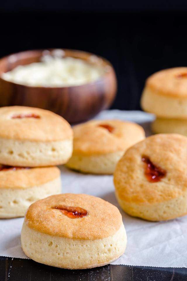 side view of buttery jam biscuits