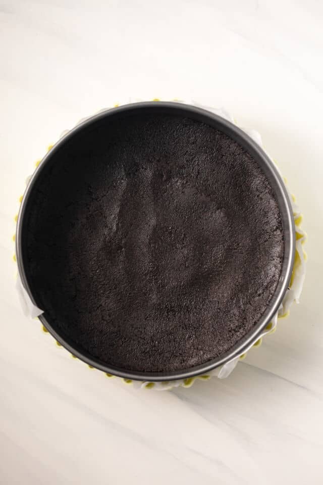 Oreo crust in springform pan.