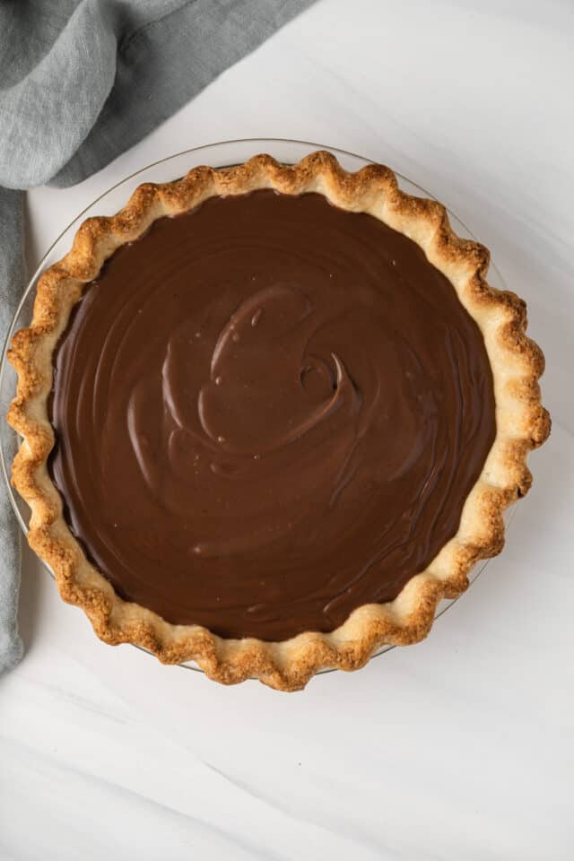 Overhead view of a chocolate cream pie