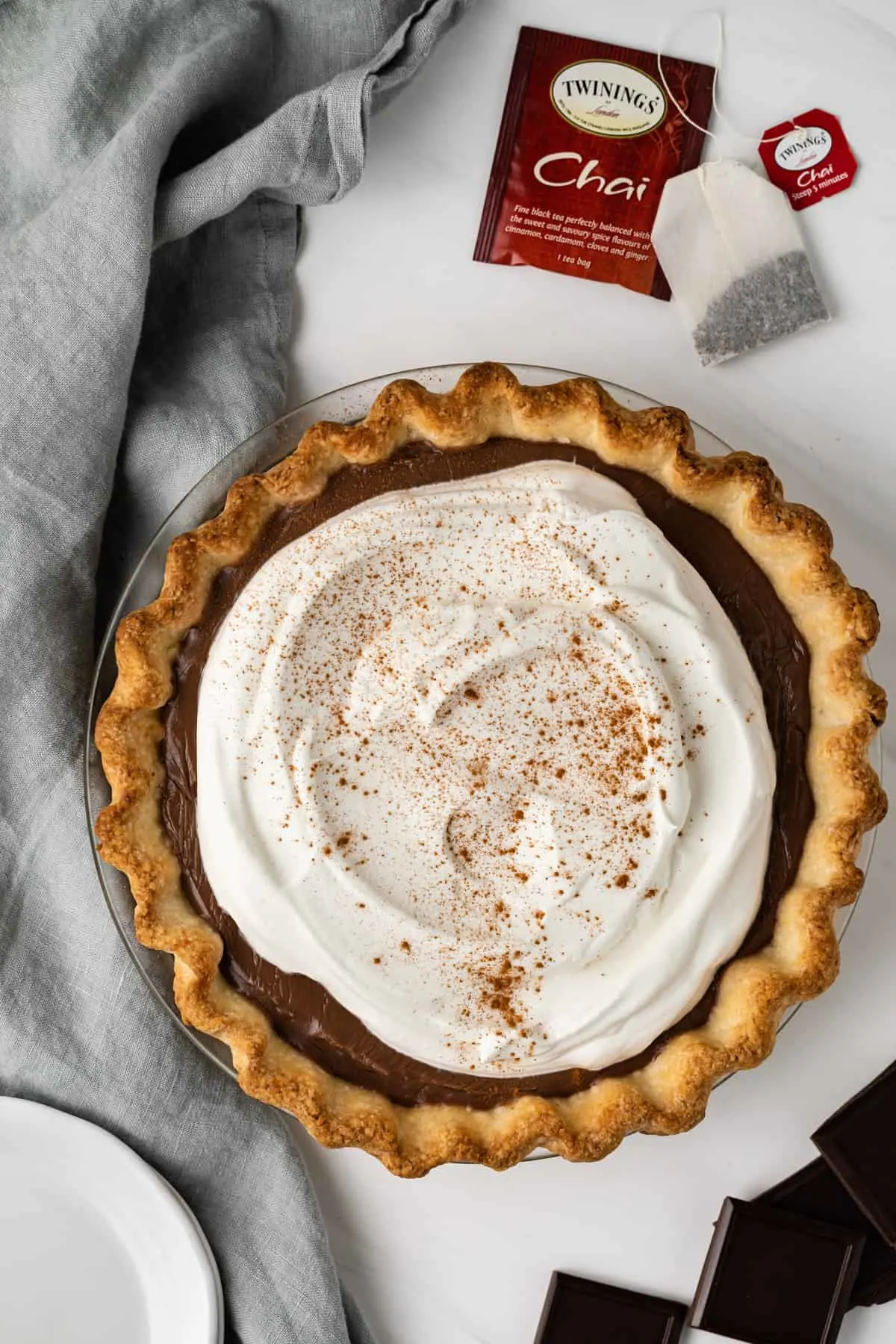 Overhead view of chocolate chai cream pie