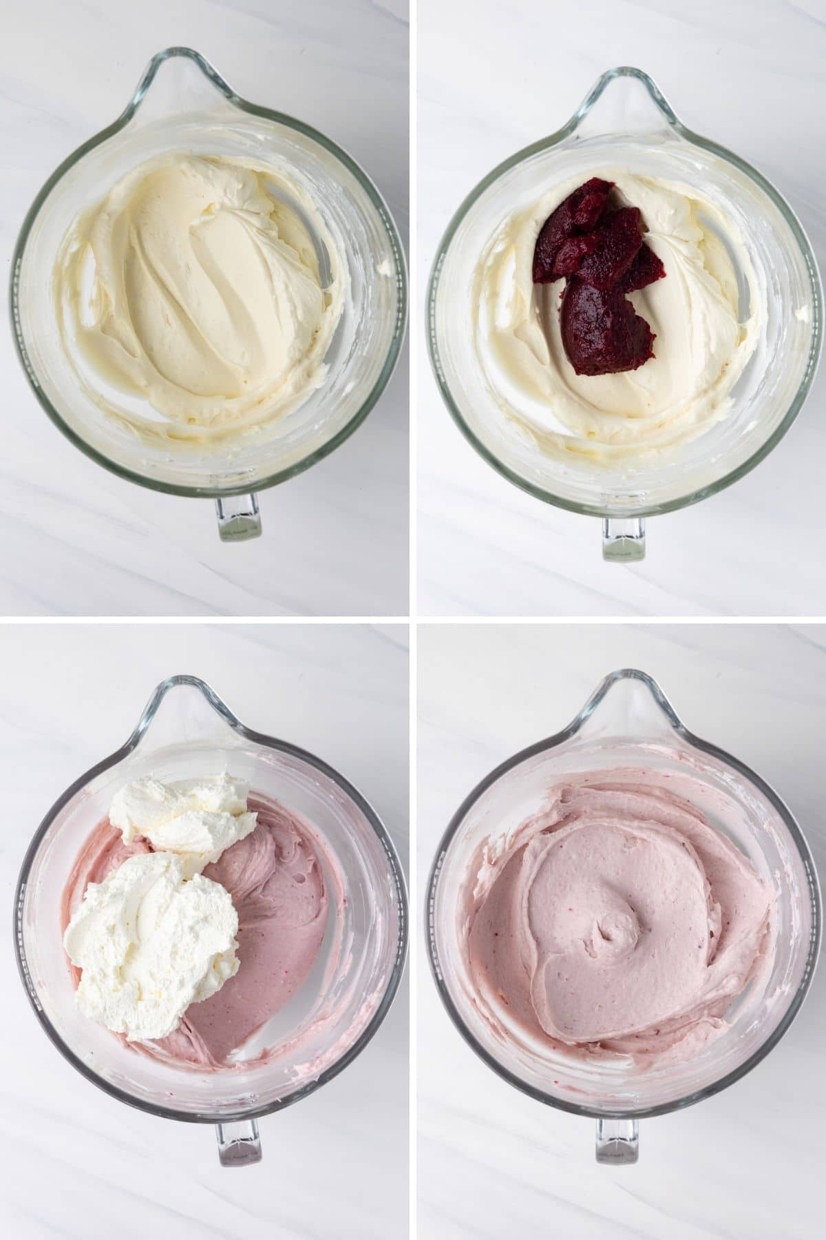 Process shots showing how to make no bake berry cheesecake.