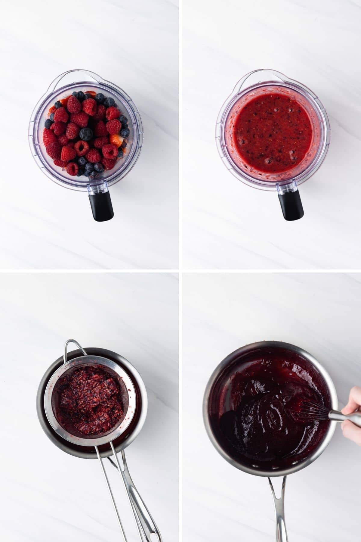 Process shots showing how to make berry jam for cheesecake.