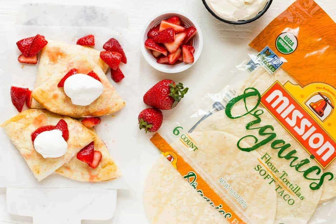 Overhead view of Strawberry Cheesecake Quesadillas with Mission Organics Flour Tortillas.