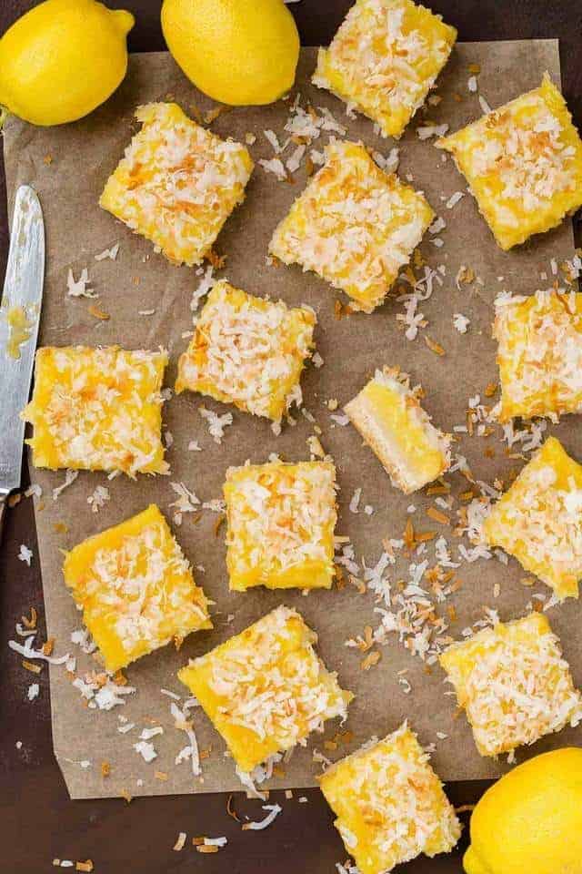 overhead view of coconut lemon bars cut into slices