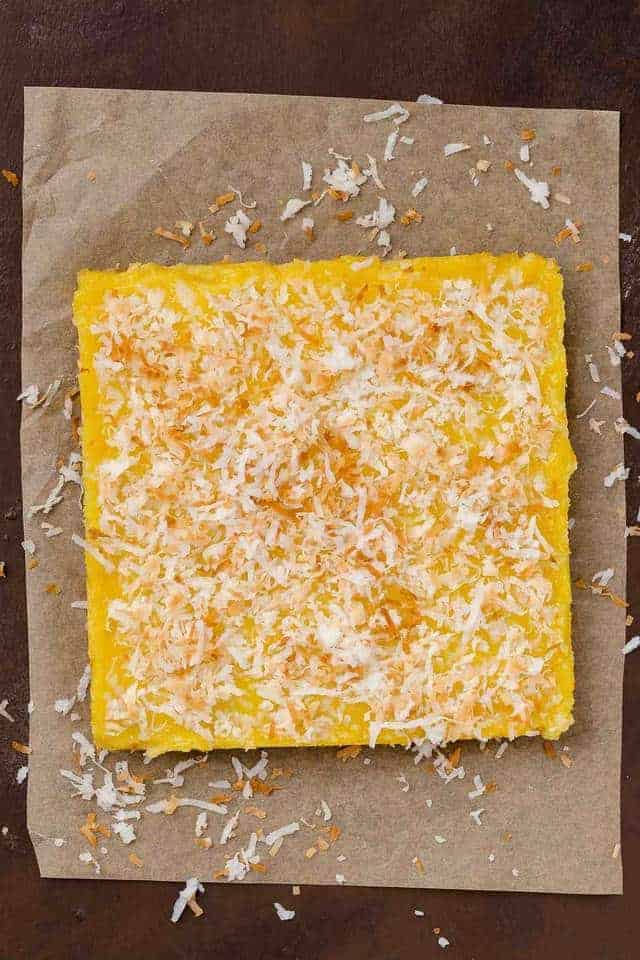 overhead view of coconut lemon bars not cut into slices