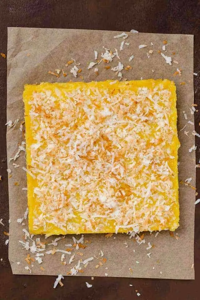 overhead view of coconut lemon bars not cut into slices