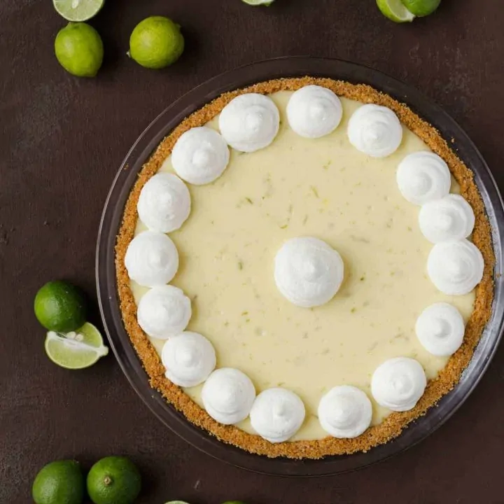 key lime cheesecake pie in glass dish