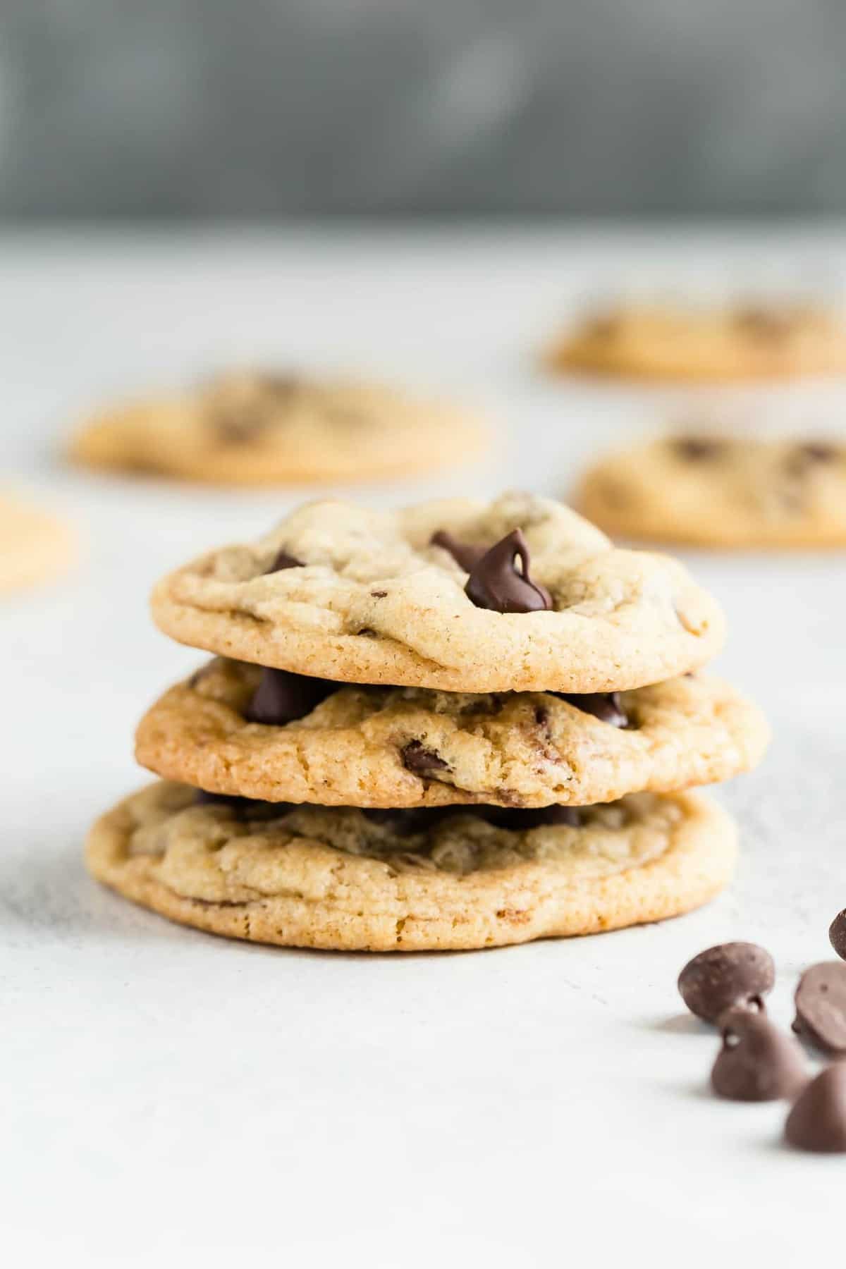 Side view of a stack of Chewy Chocolate Chip Cookies.