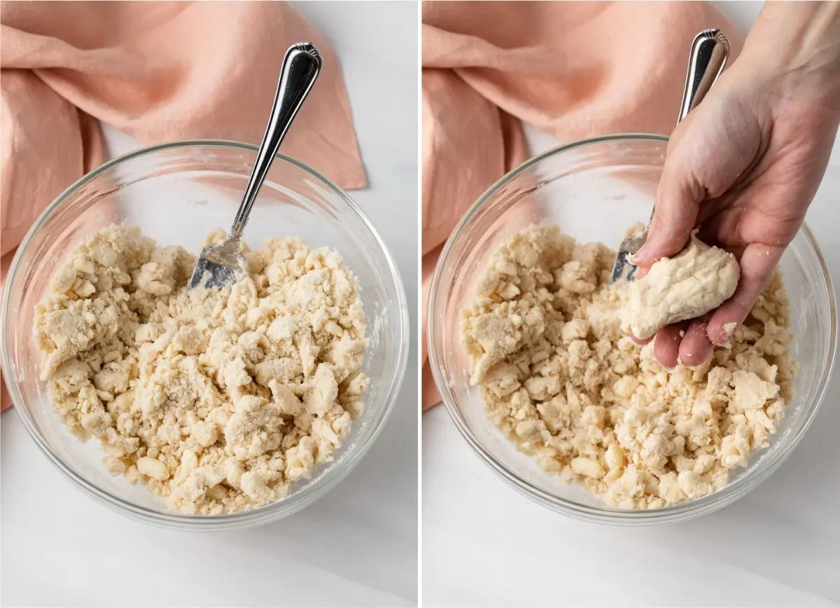 image of moistened pastry dough in bowl with fork next to image of hand squeezing dough together to show texture