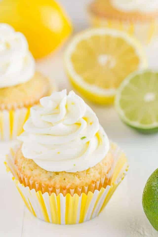 Side view of lemon lime cupcakes on a white background with slices of lemon and lime.