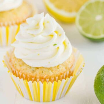 Side view of lemon lime cupcakes on a white background with slices of lemon and lime.