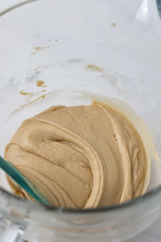 Brown sugar frosting in a mixing dish