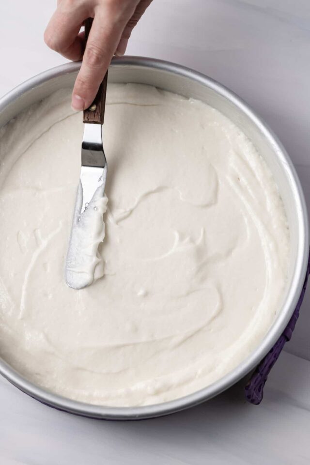 White cake batter being spread into a round cake pan