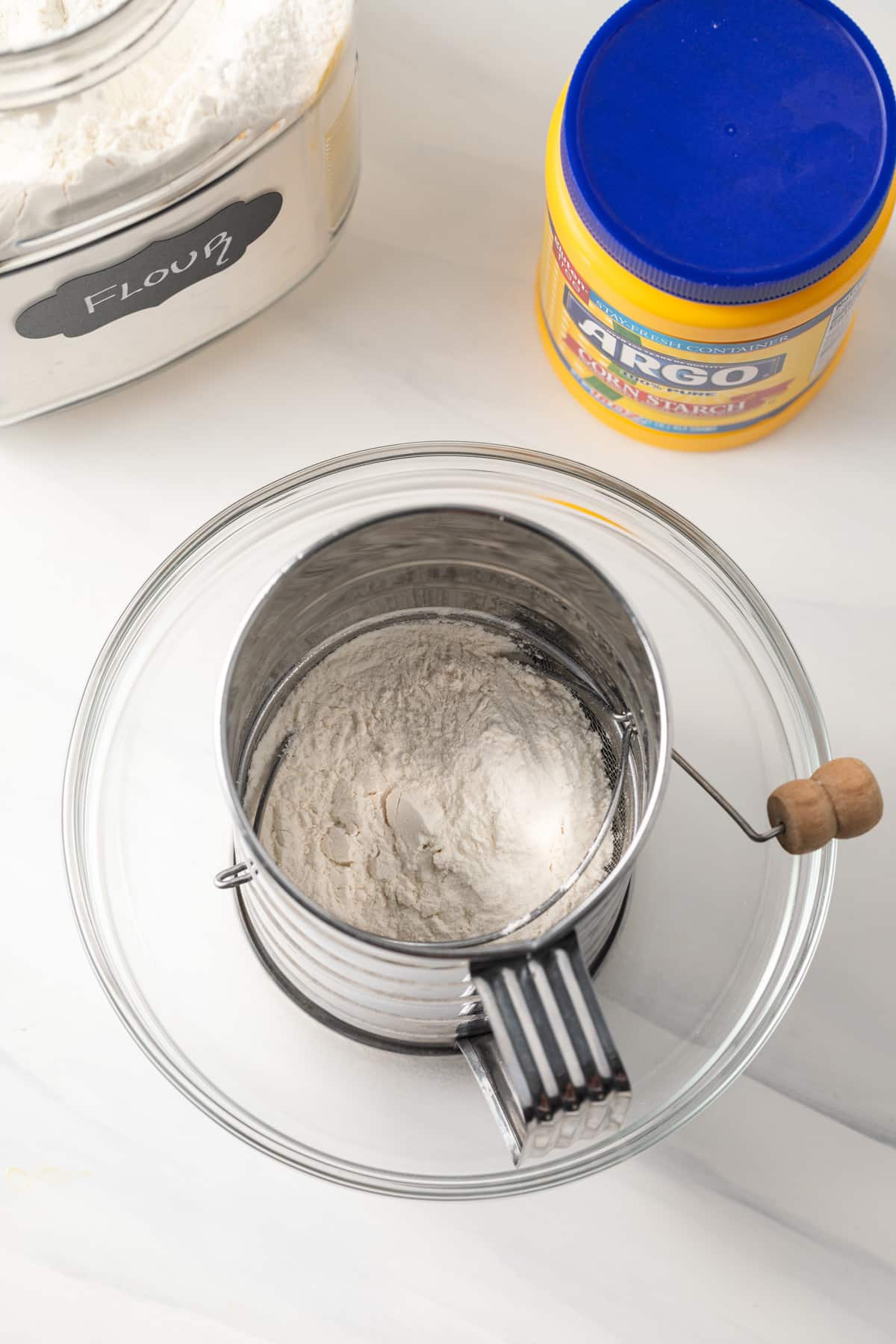 Homemade cake flour in a sifter.