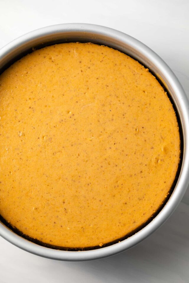 Freshly baked pumpkin cheesecake in a springform pan