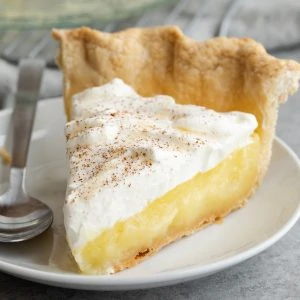 slice of vinegar pie on a white plate with fork