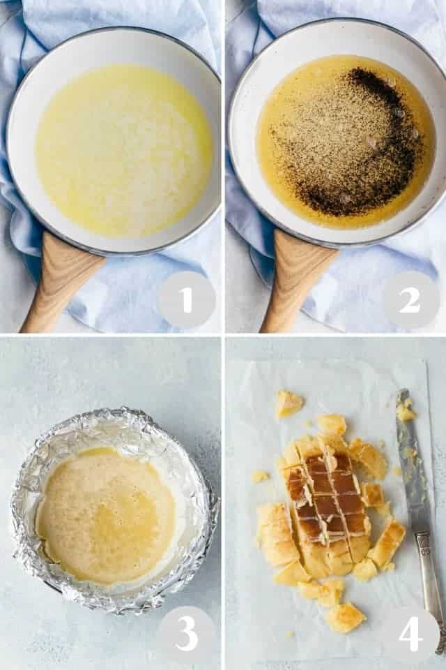 Step by step photo of how to make brown butter for brown butter pie crust.