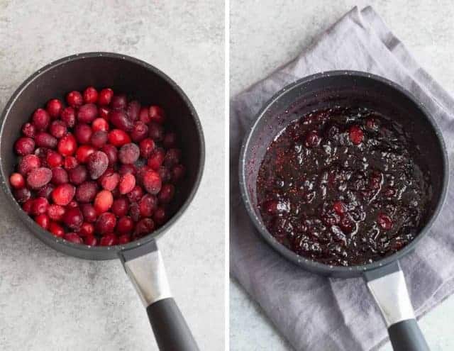 One Image of raw cranberries in a black pot and one image of cooked cranberries in a black pot.