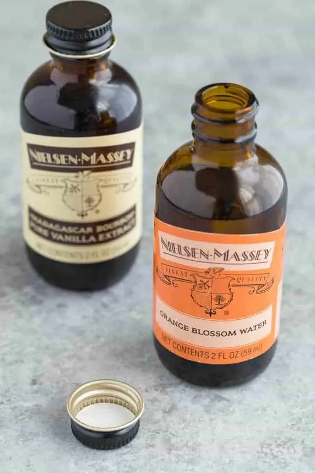 Bottles of Nielsen Massey Orange Blossom Water and Pure Vanilla Extract.