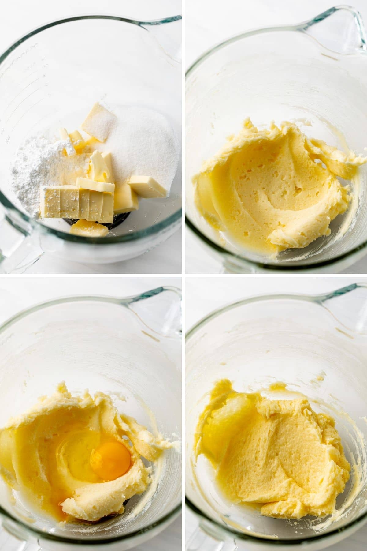 process shots showing butter, sugar, egg, and vanilla being mixed together