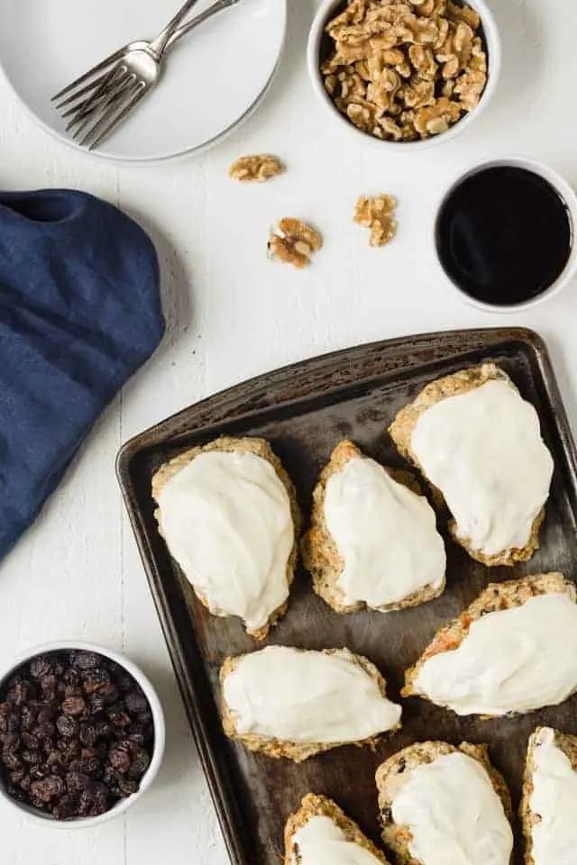 Carrot Cake Scones on a baking sheet.