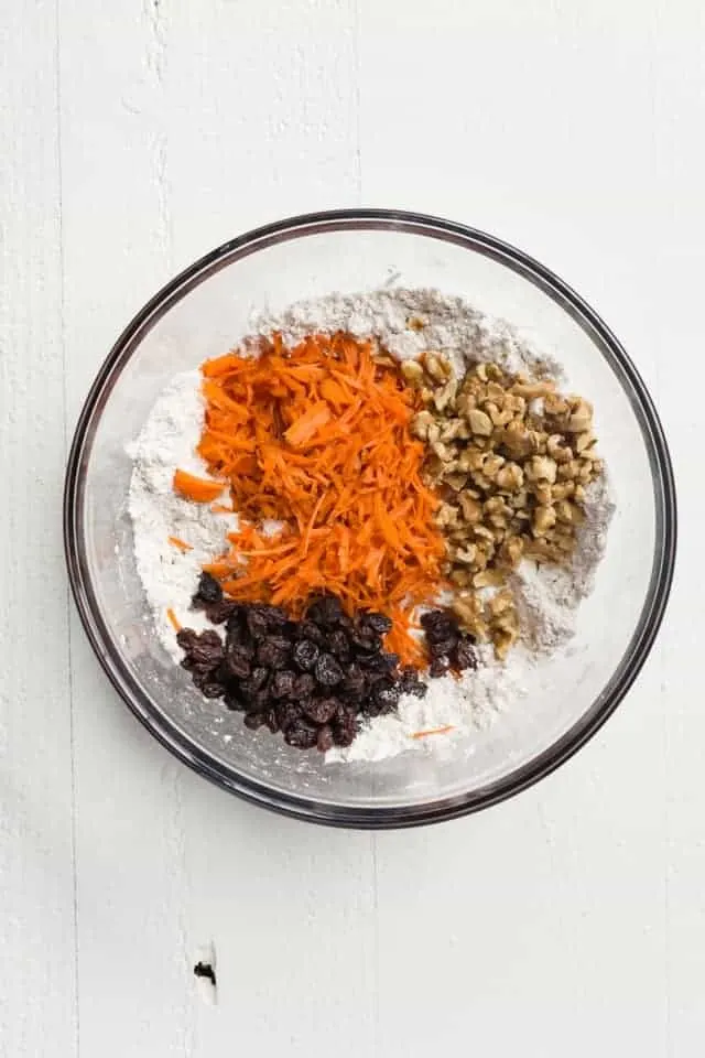 carrot cake scone ingredients in glass bowl