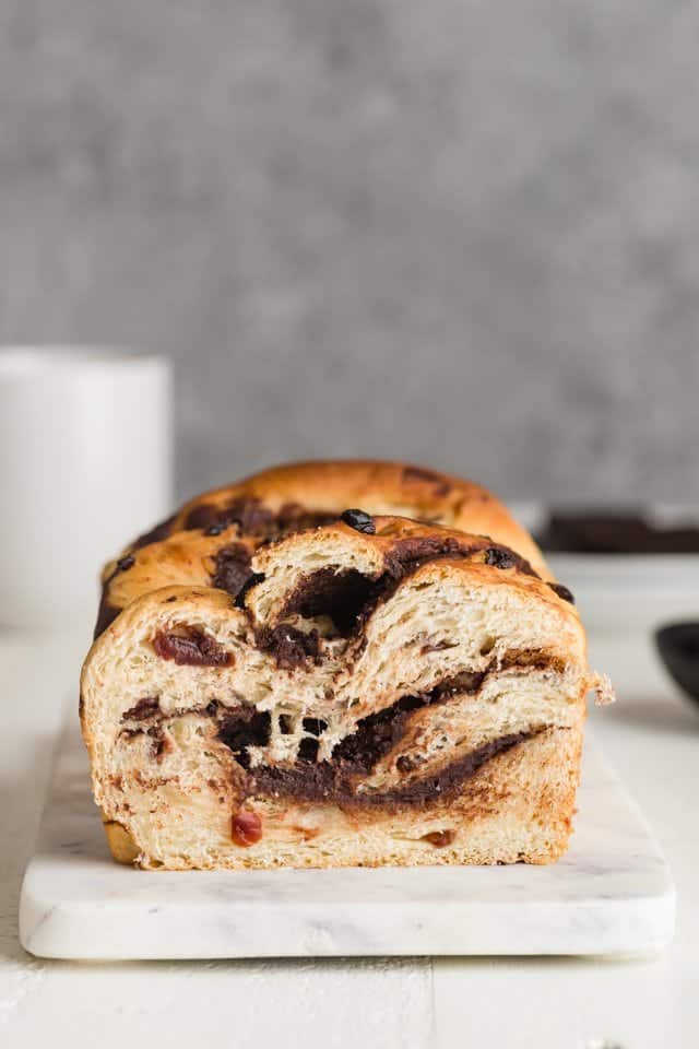 front view of chocolate swirl bread with cherries 