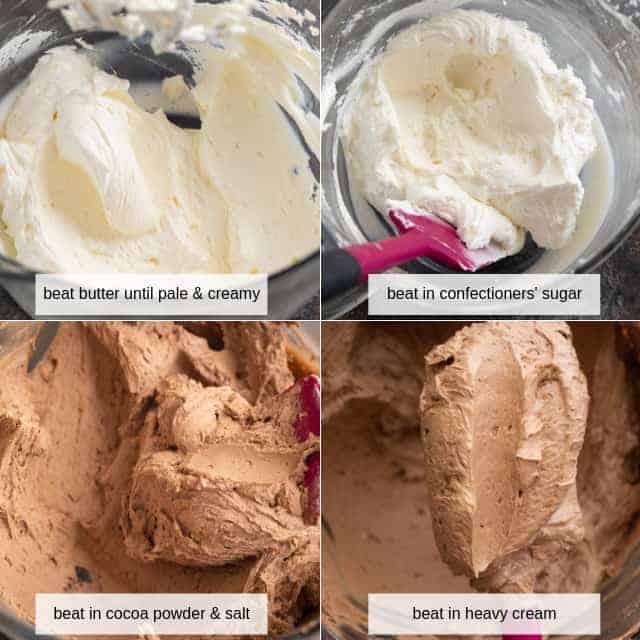 process shots showing how to make the best chocolate buttercream frosting
