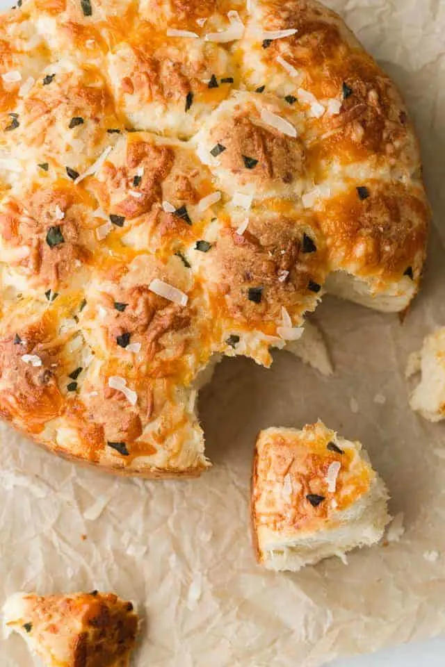 overhead view of Pull Apart Rolls with Cheese Garlic