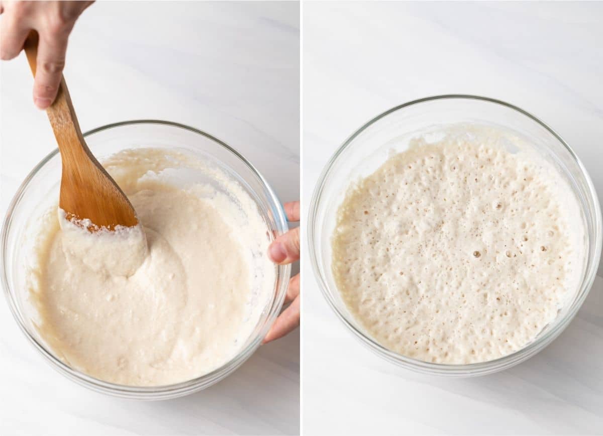 poolish being mixed in glass bowl with wooden spoon next to bowl of fermented poolish