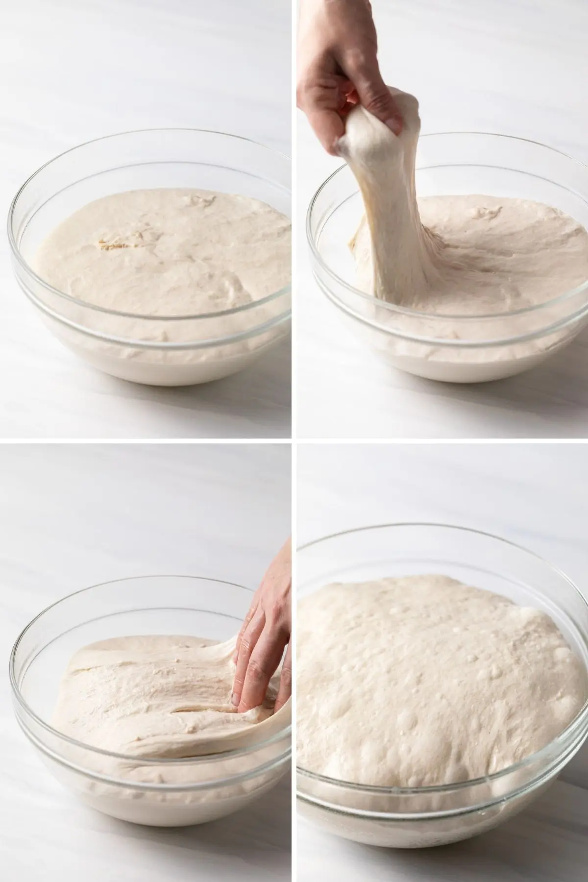 process shots showing bowl of dough, stretching the dough, and folding it over onto itself