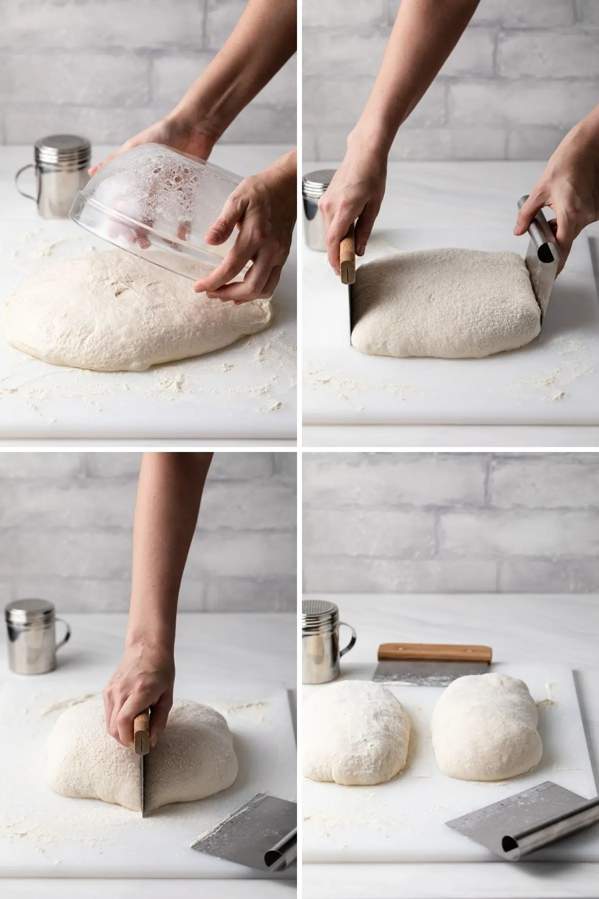 dumping dough out of bowl onto worksurface, shaping dough into a square using bench scrapers, cutting square dough in half, and two loaves of unbaked ciabatta 