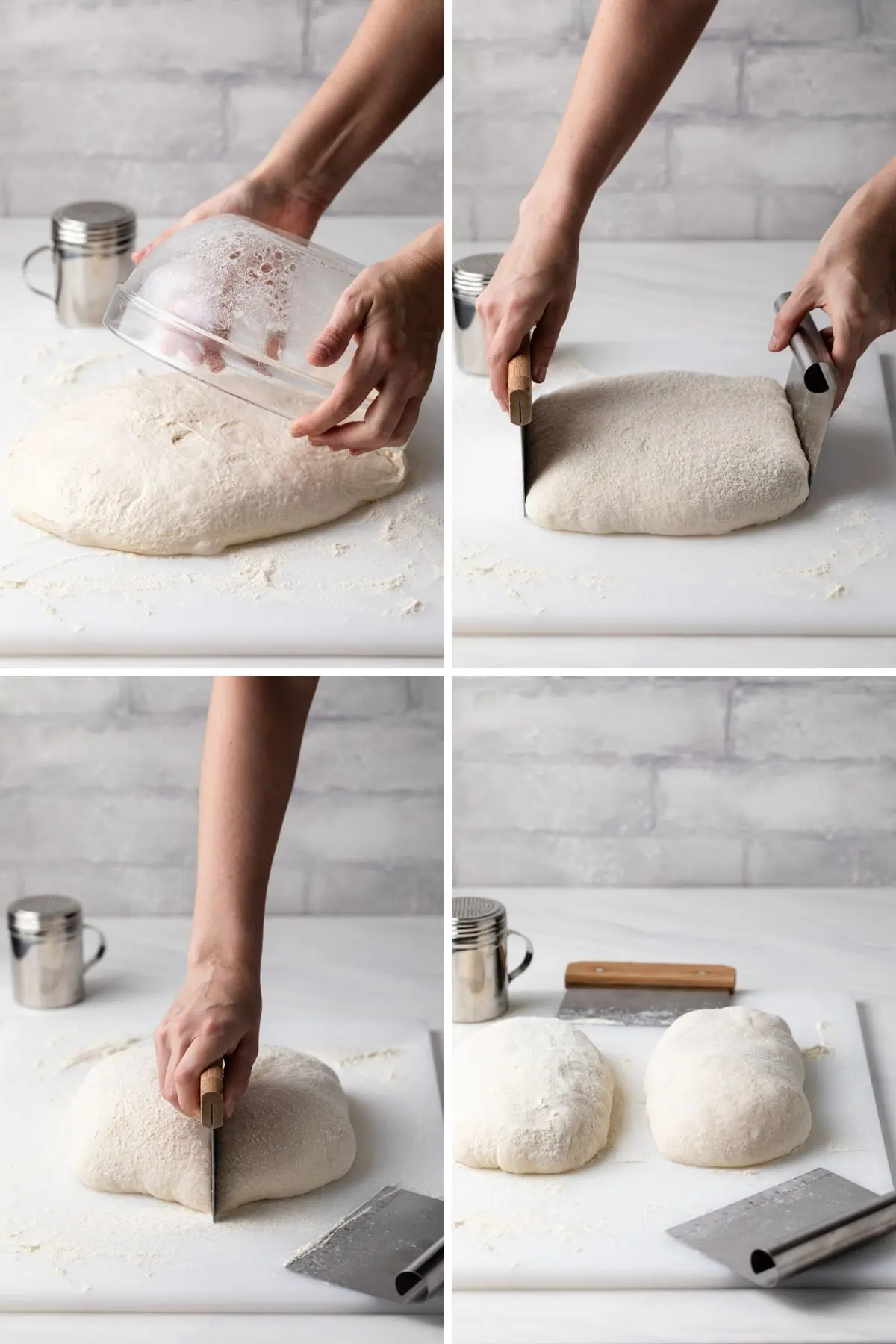 dumping dough out of bowl onto worksurface, shaping dough into a square using bench scrapers, cutting square dough in half, and two loaves of unbaked ciabatta