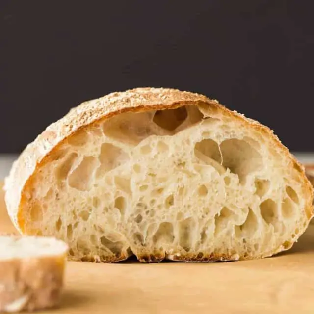 Front view of Ciabatta Bread cut in half so the inside is visible.