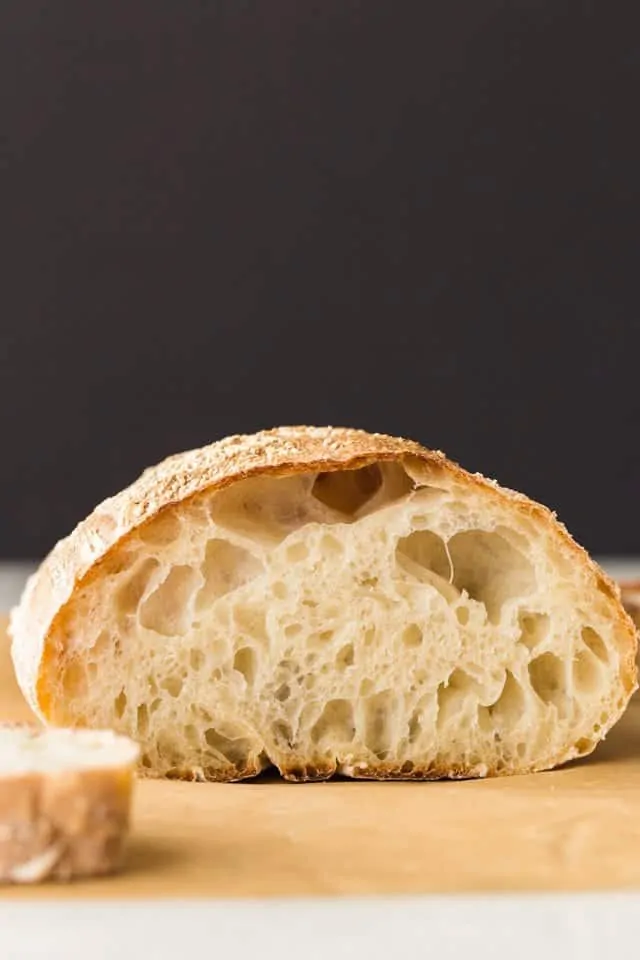 Front view of Ciabatta Bread cut in half so the inside is visible.