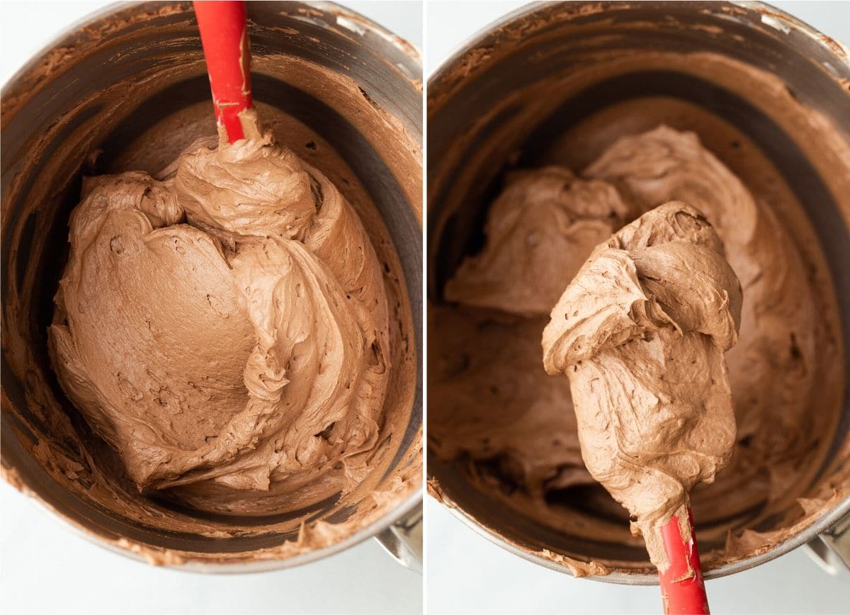 Chocolate frosting in a metal mixing bowl with red spatula.
