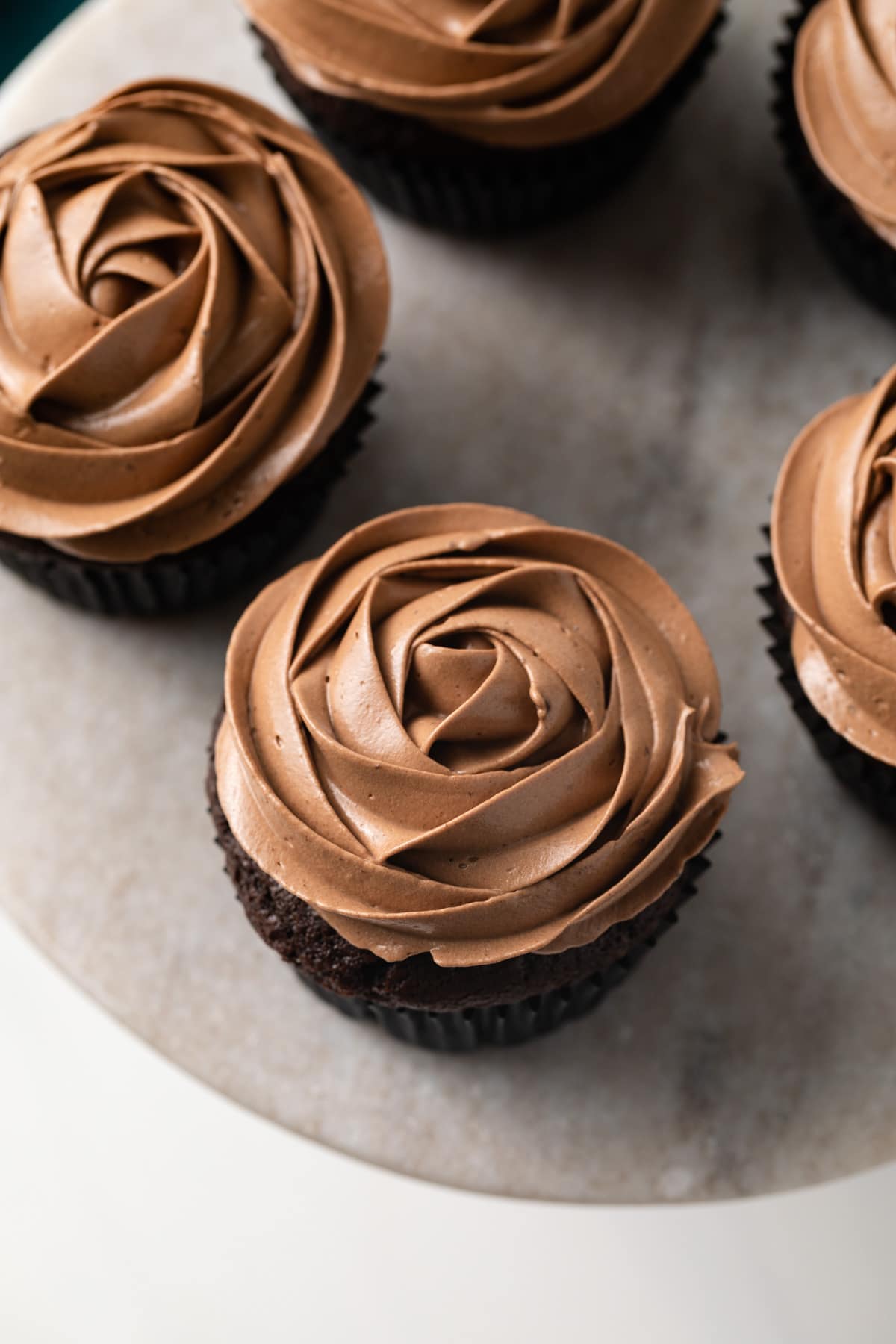 Overhead of moist Chocolate Cupcakes.