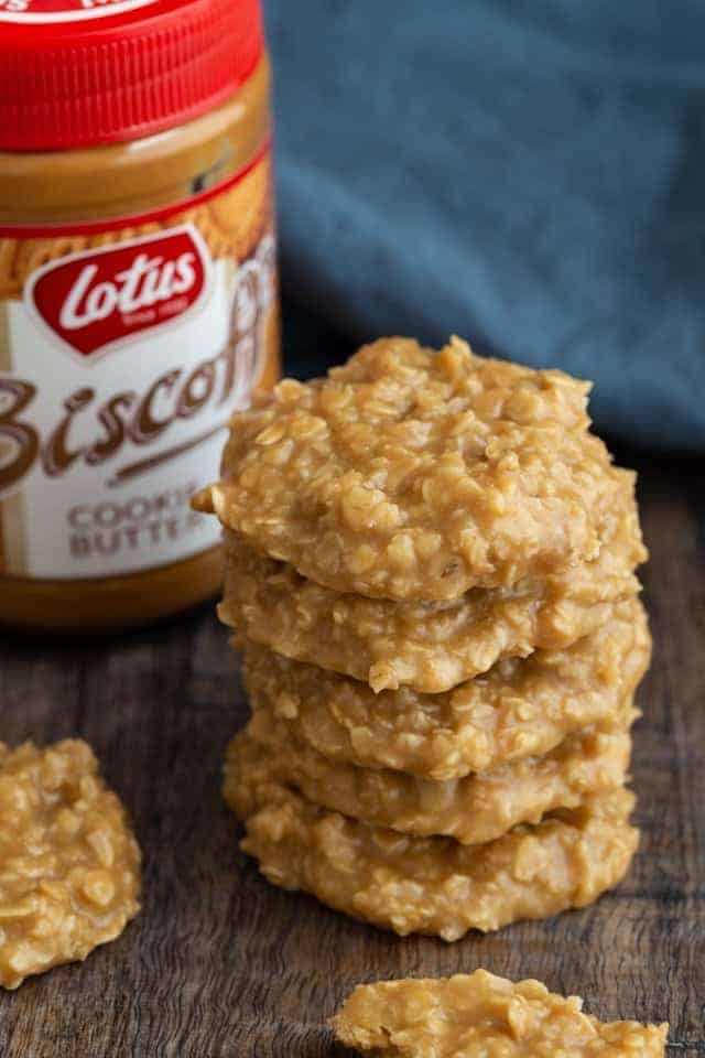 Close up view of a stack of cookie butter no bake cookies