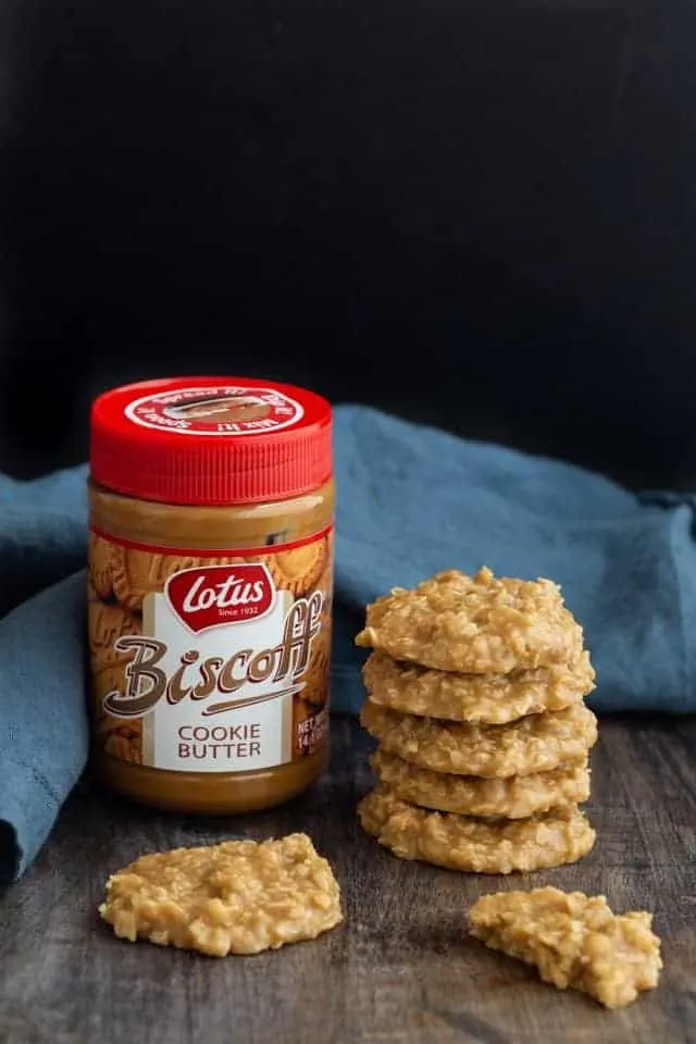 Side view of a stack of cookie butter no bake cookies