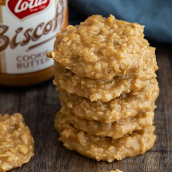 Close up view of a stack of cookie butter no bake cookies