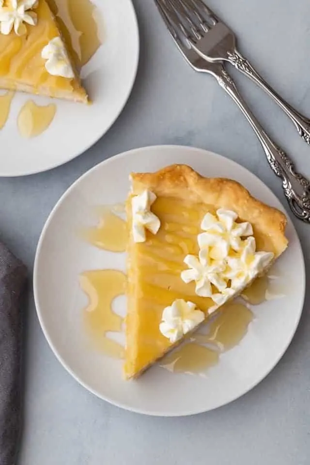 overhead view of a slice of honey pie