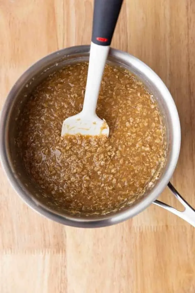 Overhead view of no bake cookie mixture in a saucepan