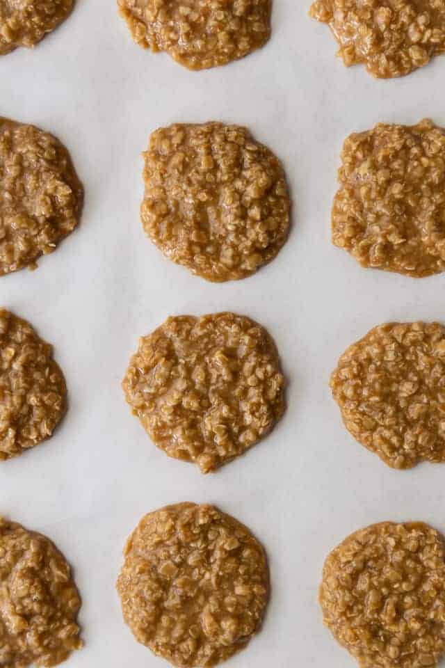 Overhead view of no bake oatmeal cookies on a baking sheet