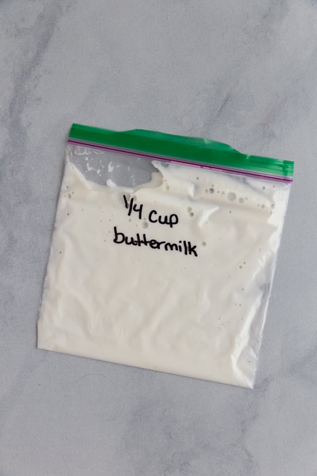 quarter cup of buttermilk in a ziptop bag