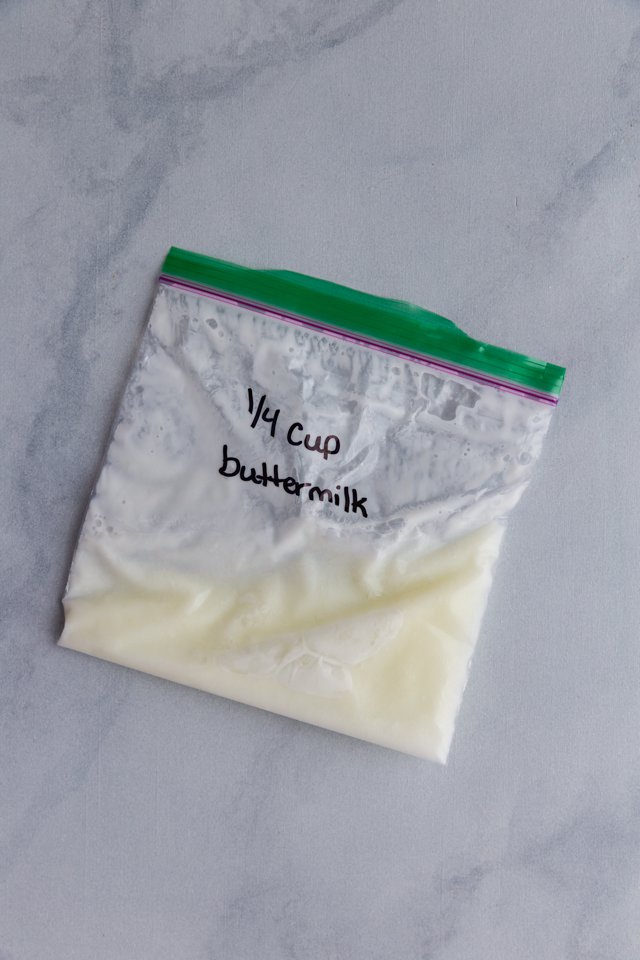 quarter cup of frozen buttermilk in a ziptop bag