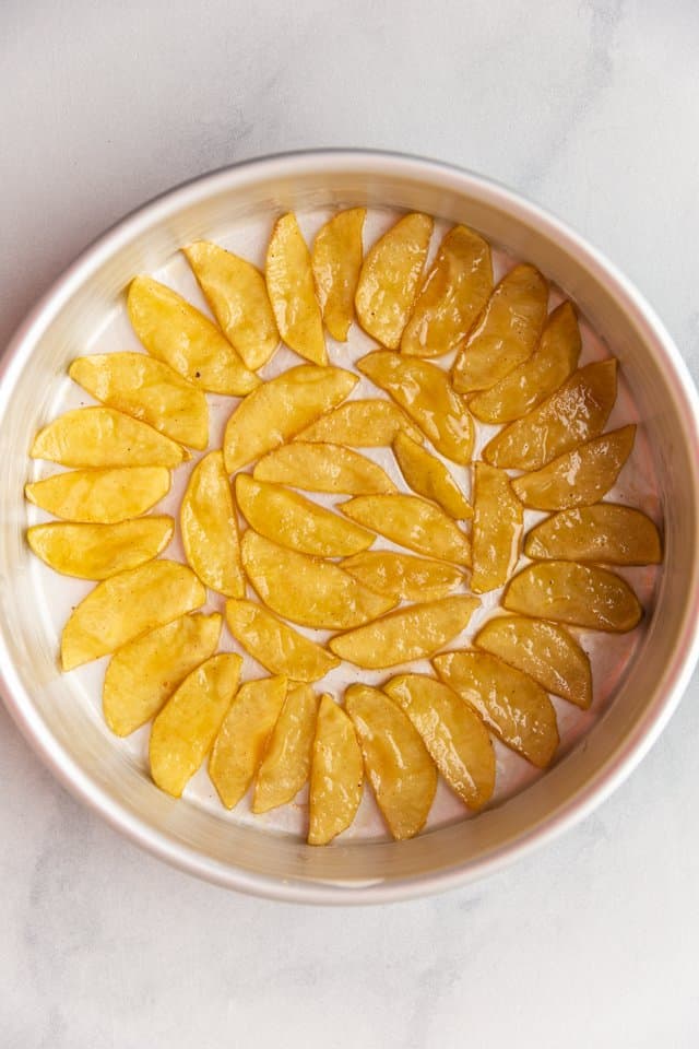 overhead view of sliced apples arranged in the bottom of a cake pan